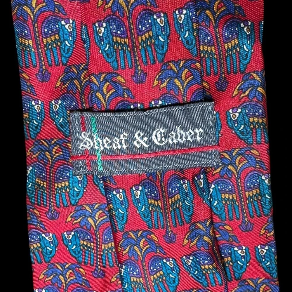Sheaf & Caber Mens Silk Tie Red Blue Elephant Palm Tree Made in Italy Patterned